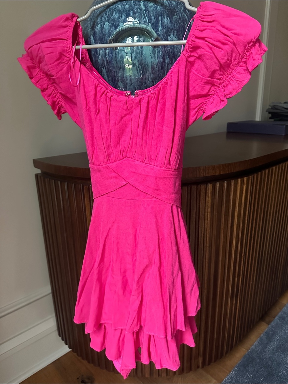 Altar'd State Hot Pink Ruffle Sleeve Midi Dress